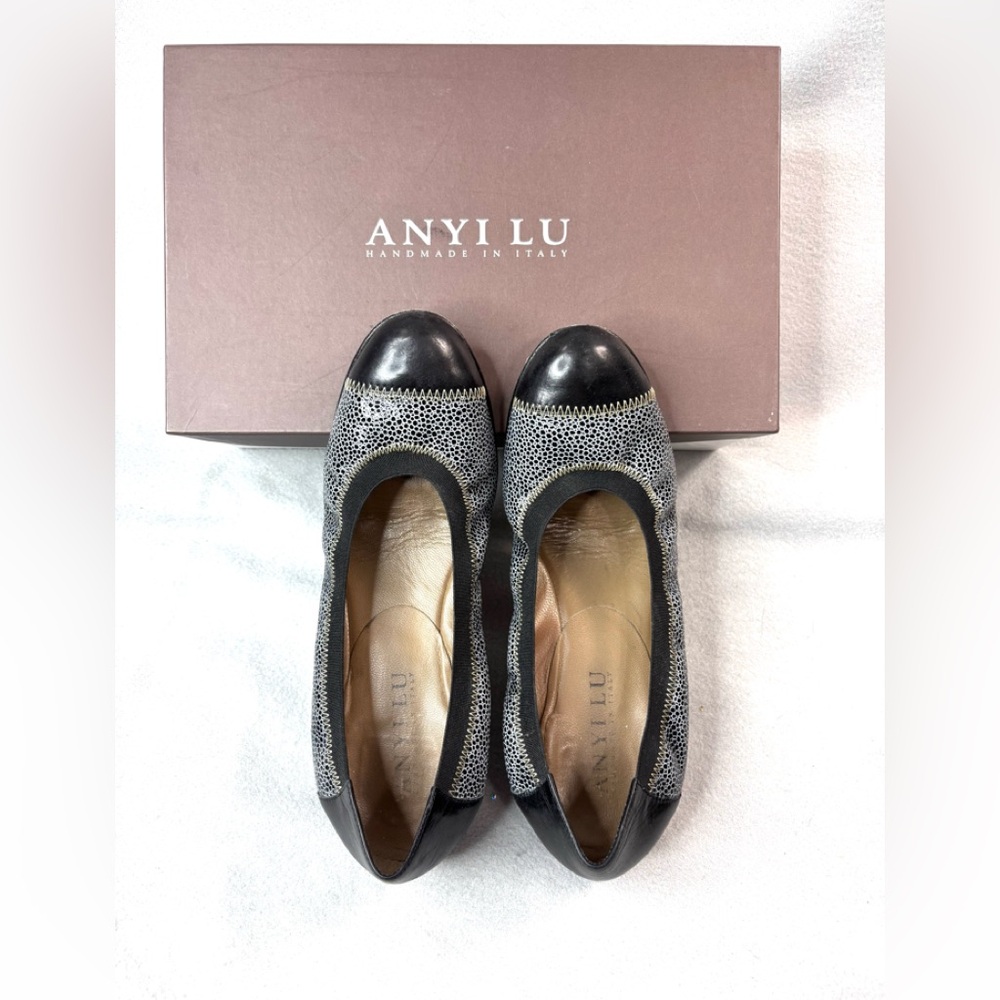 Anyi Lu 8 38.5 CATE Italian Calf Leather Ballet Flats in Black Mosaic